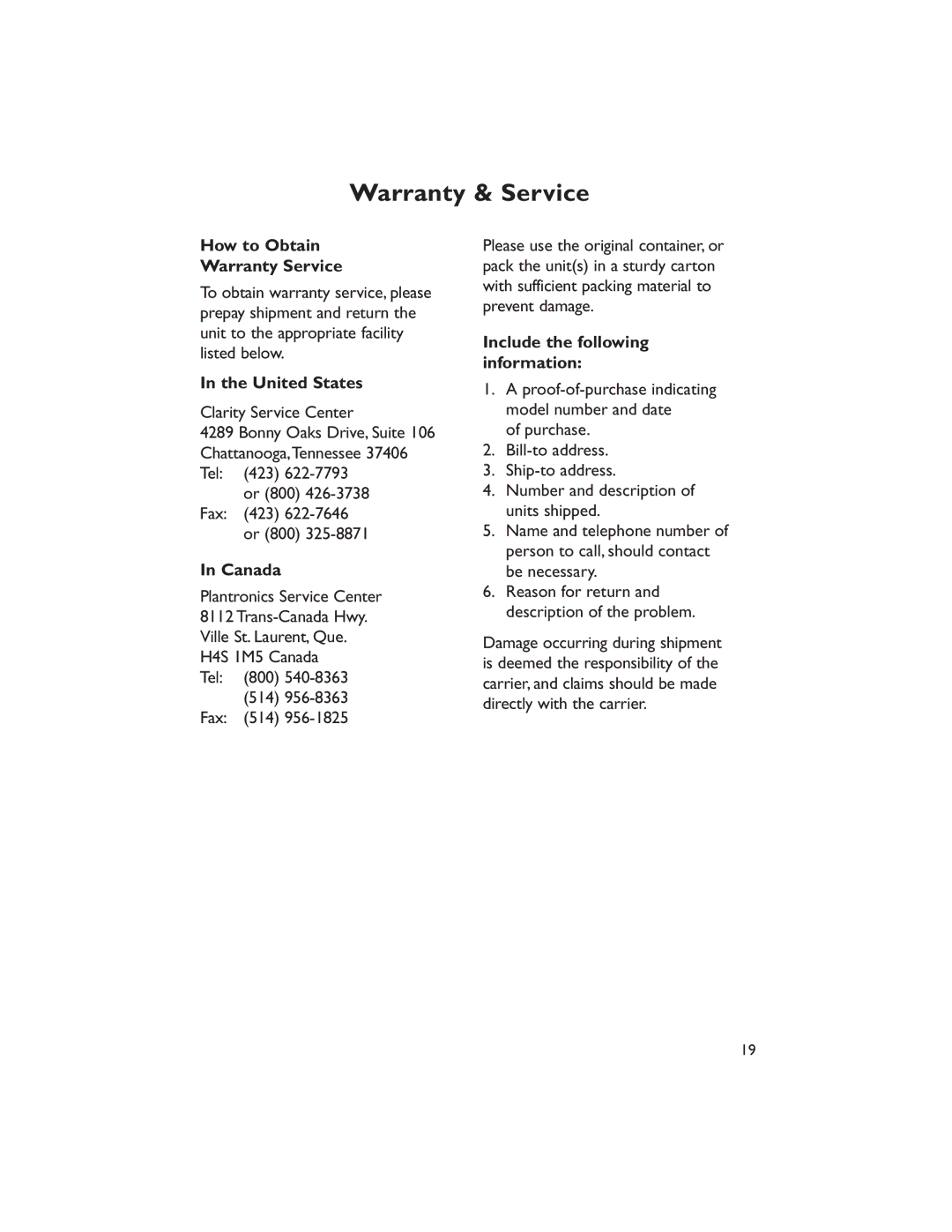 Clarity CLARITY-P400 manual How to Obtain Warranty Service, United States, Canada, Include the following information 