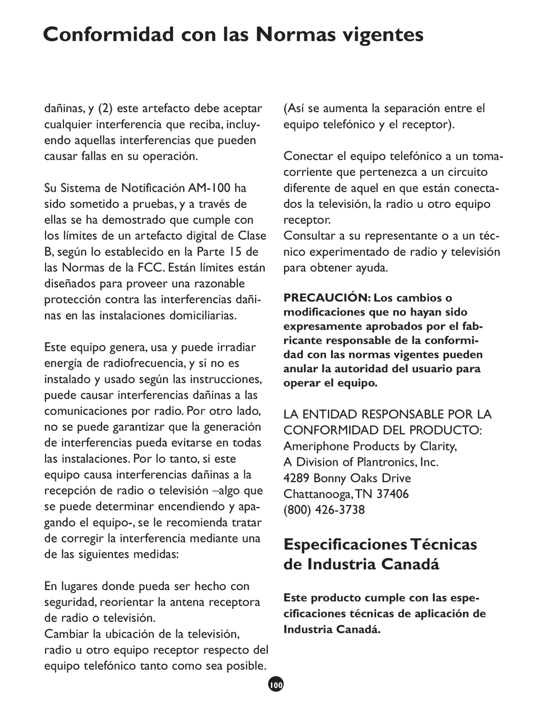 Clarity CLS 45i operating instructions Especificaciones Técnicas de Industria Canadá 