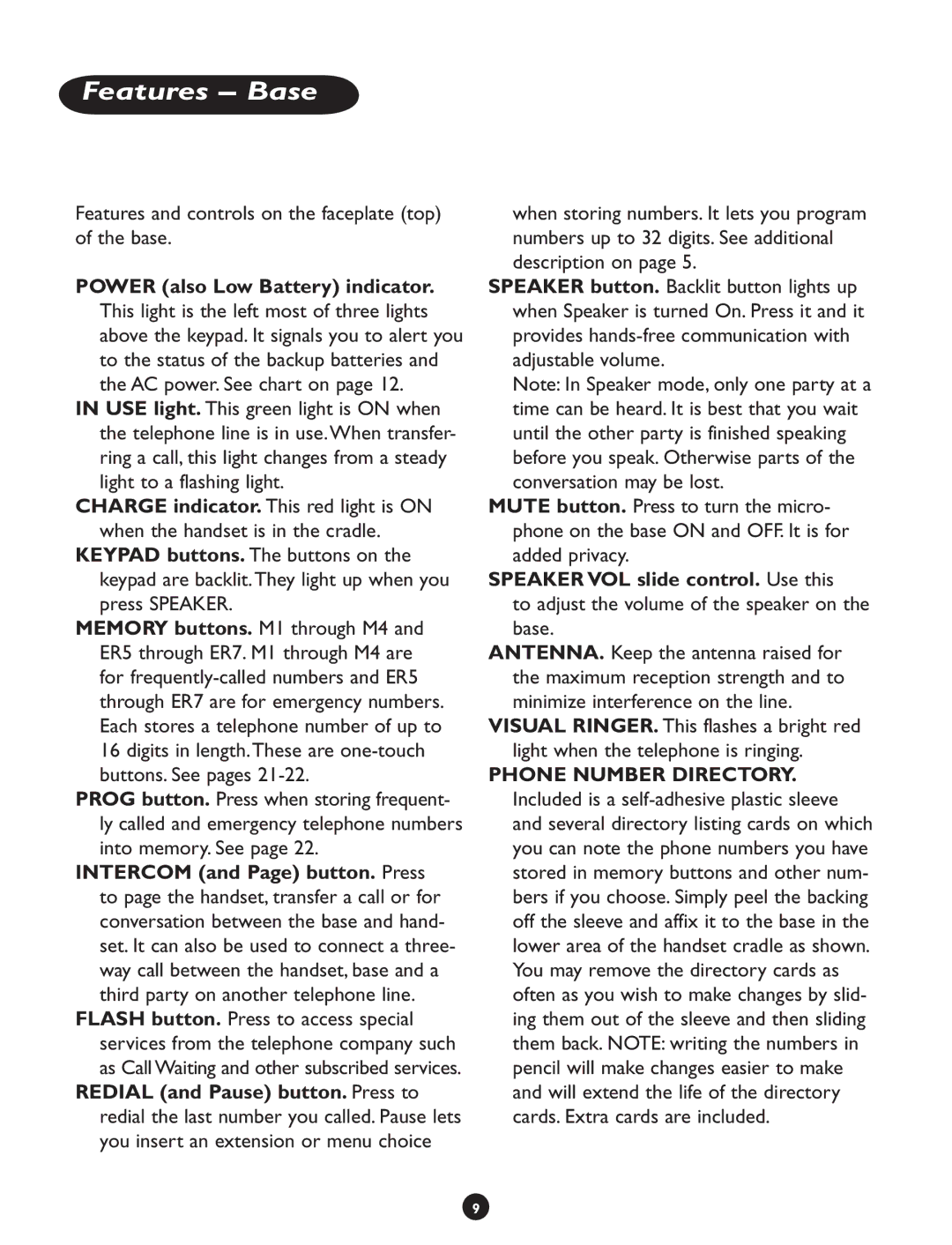 Clarity CLS 45i operating instructions Features and controls on the faceplate top of the base 