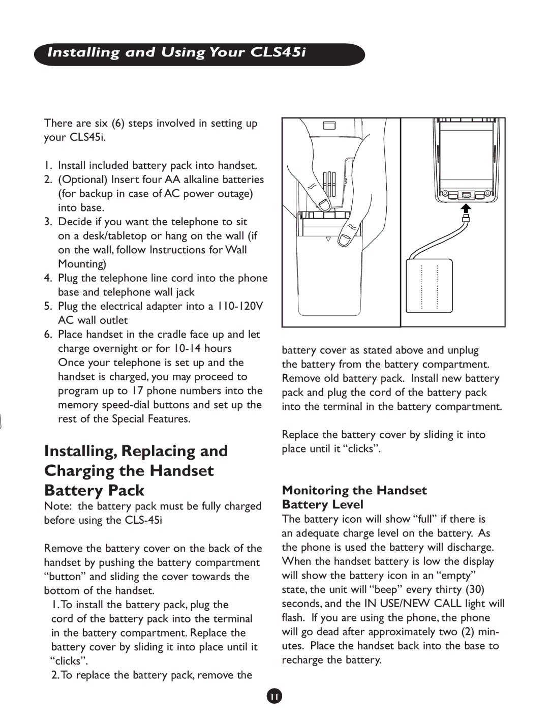 Clarity CLS 45i Installing, Replacing Charging the Handset Battery Pack, Installing and Using Your CLS45i 