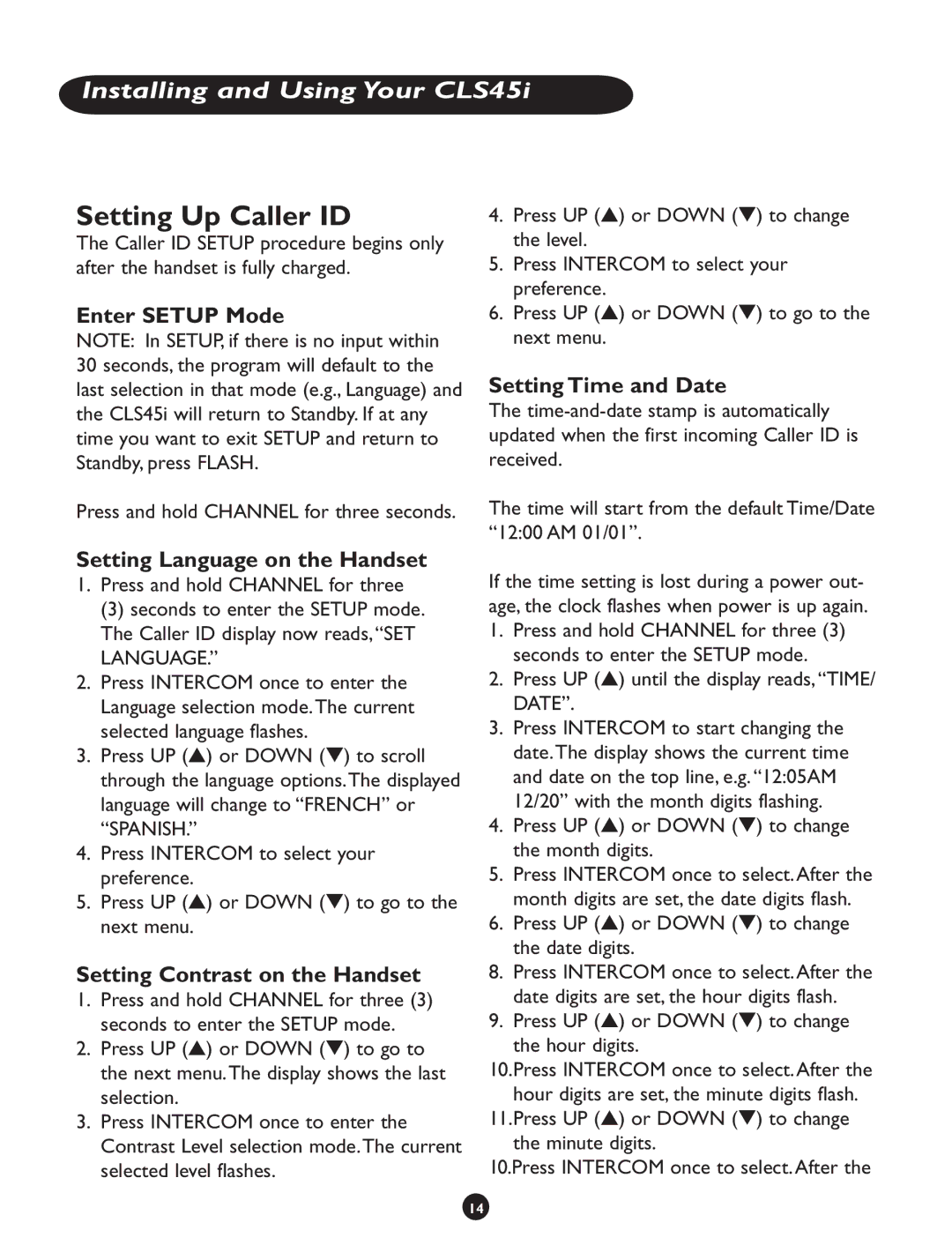 Clarity CLS 45i Setting Up Caller ID, Enter Setup Mode, Setting Time and Date, Setting Language on the Handset 