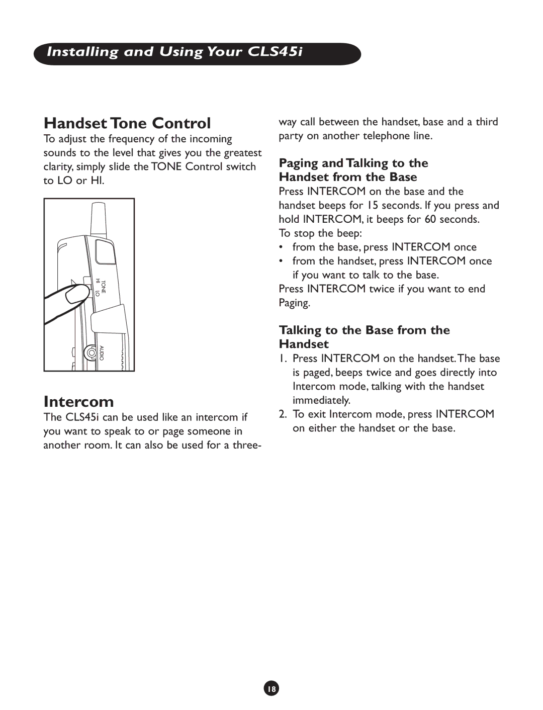 Clarity CLS 45i operating instructions Handset Tone Control, Intercom, Paging and Talking to Handset from the Base 