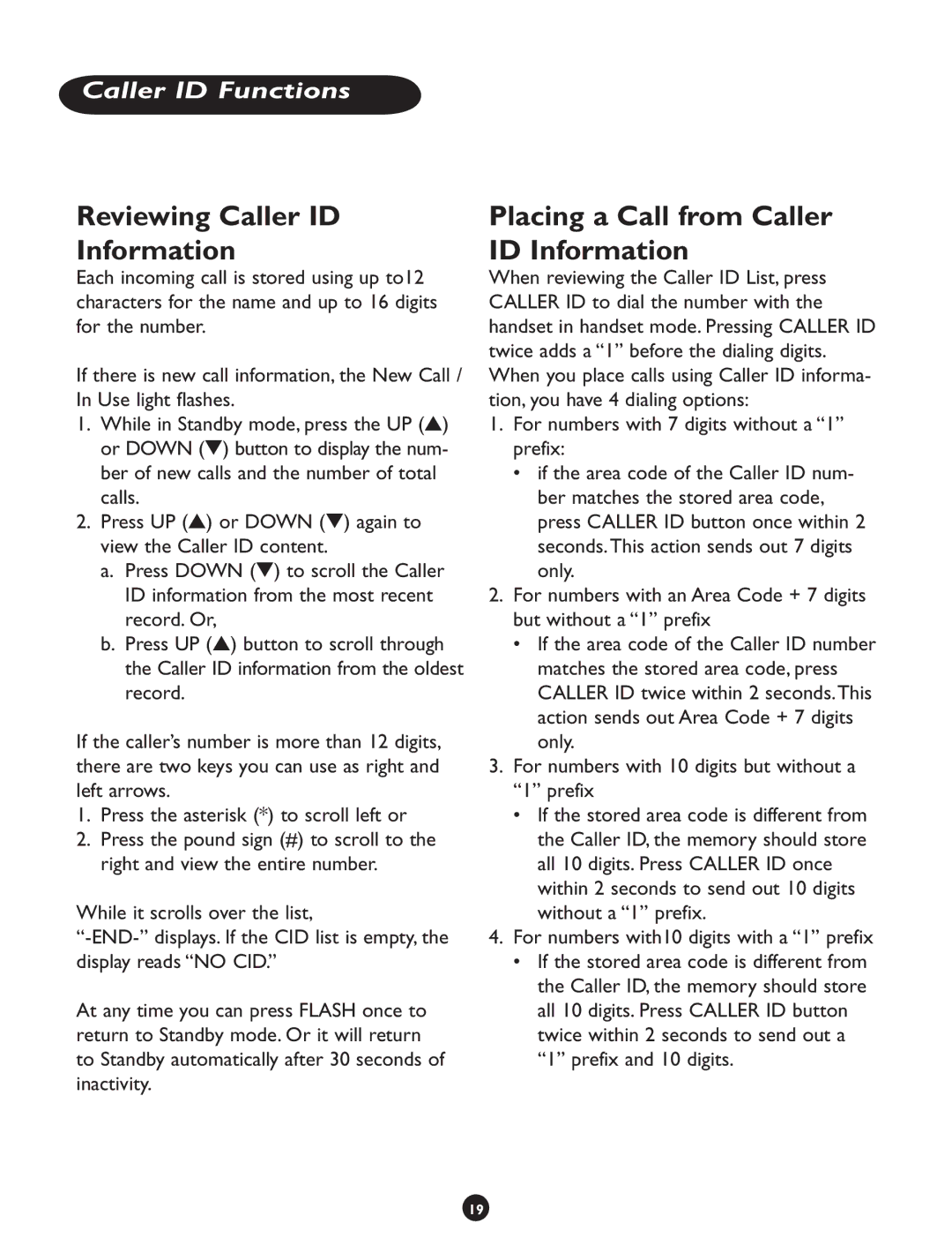 Clarity CLS 45i Reviewing Caller ID Information, Placing a Call from Caller ID Information, Caller ID Functions 