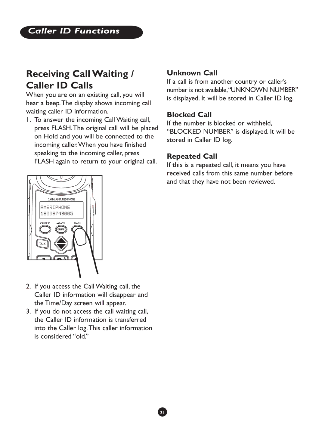 Clarity CLS 45i operating instructions Receiving Call Waiting / Caller ID Calls, Unknown Call, Blocked Call, Repeated Call 