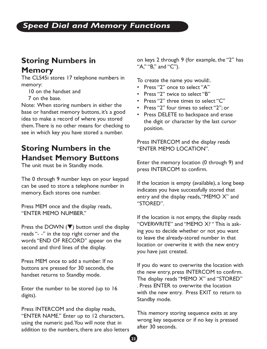 Clarity CLS 45i Storing Numbers Memory, Storing Numbers in the Handset Memory Buttons, Unit must be in Standby mode 