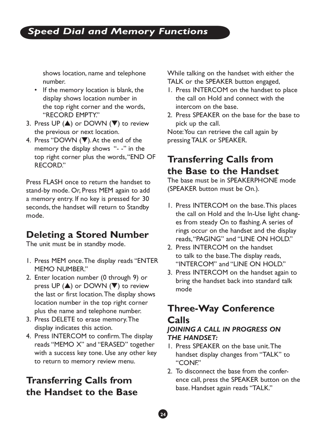 Clarity CLS 45i Deleting a Stored Number, Transferring Calls from the Base to the Handset, Three-Way Conference Calls 