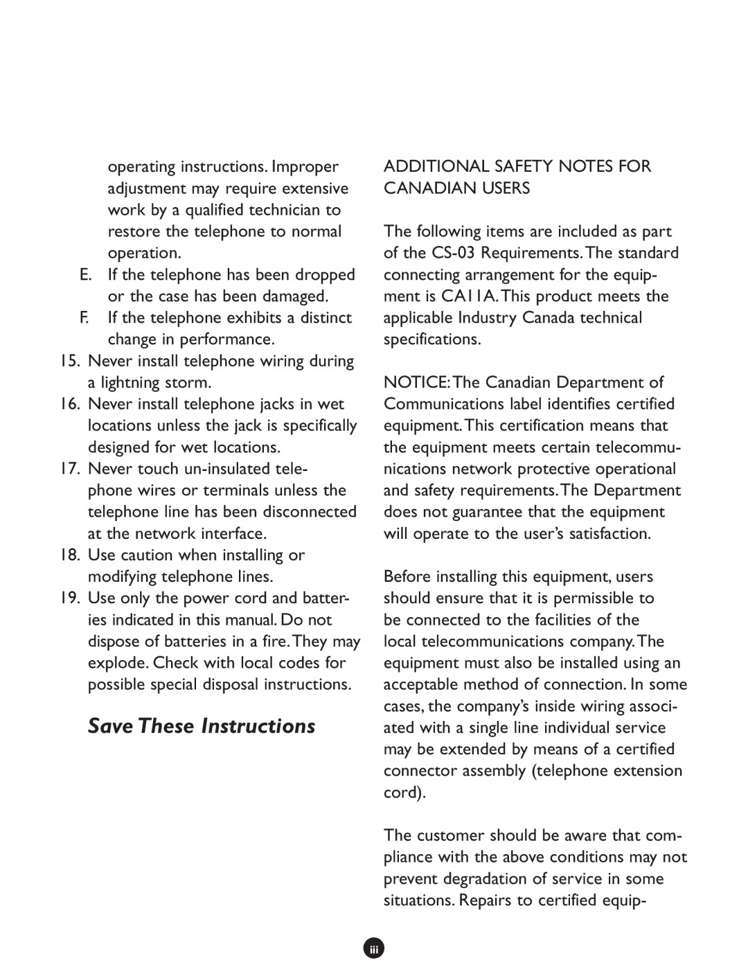 Clarity CLS 45i operating instructions Additional Safety Notes for Canadian Users 