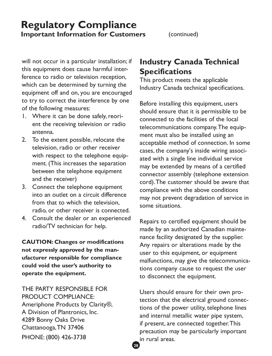 Clarity CLS 45i operating instructions Industry Canada Technical Specifications, Important Information for Customers 