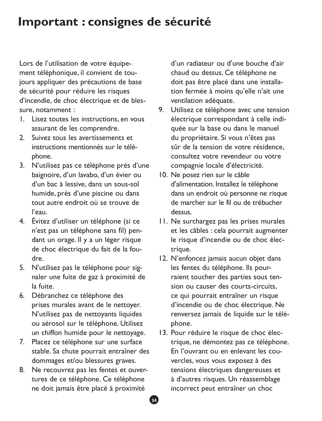 Clarity CLS 45i operating instructions Important consignes de sécurité 