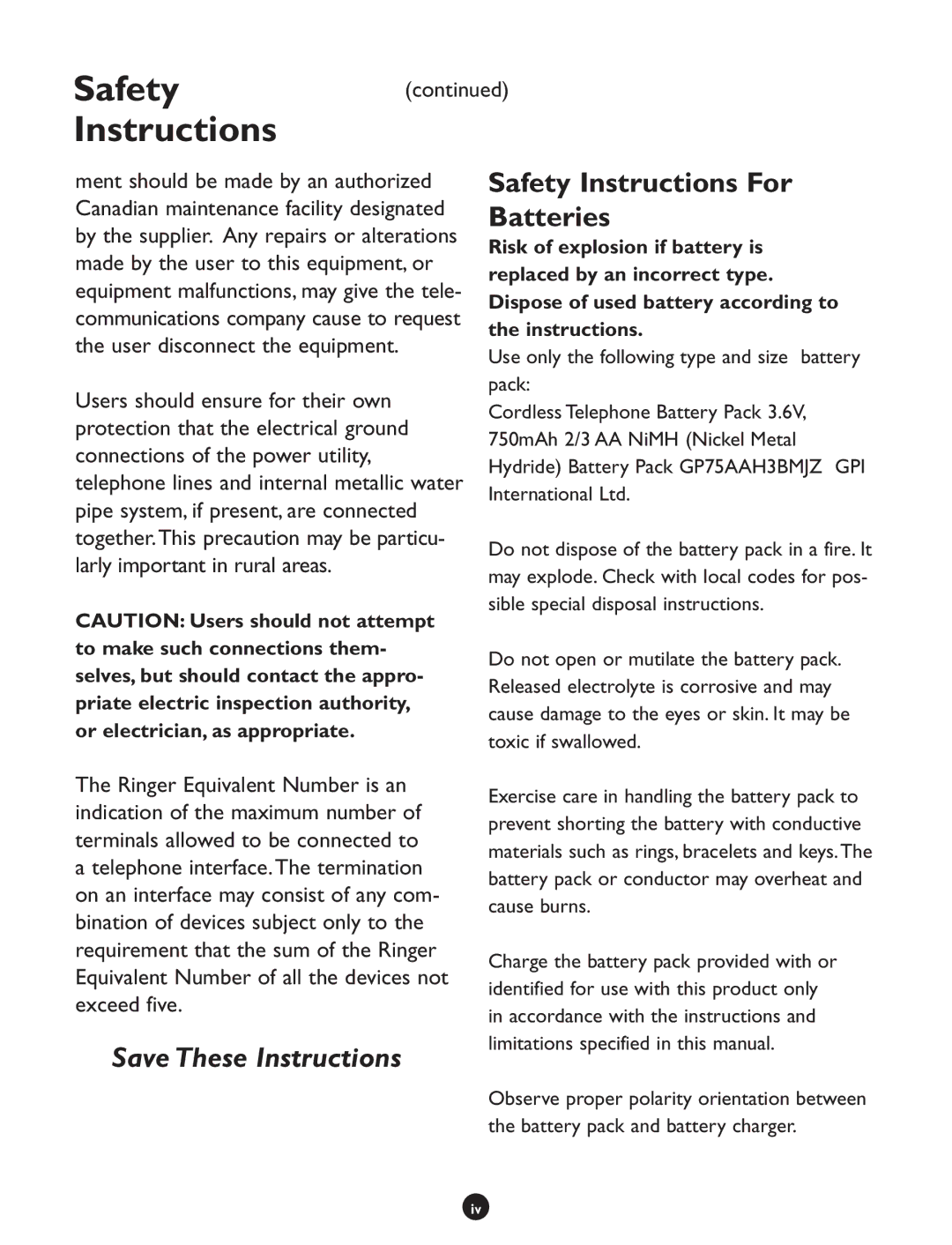 Clarity CLS 45i operating instructions Safety Instructions For Batteries 