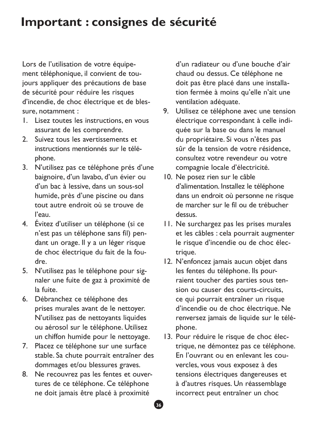 Clarity CLS 45i operating instructions Important consignes de sécurité 