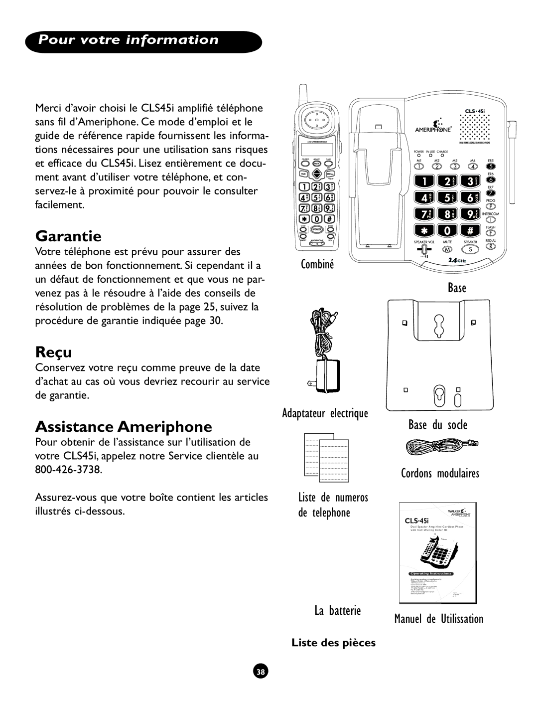 Clarity CLS 45i operating instructions Garantie, Reçu, Assistance Ameriphone, Pour votre information, Liste des pièces 