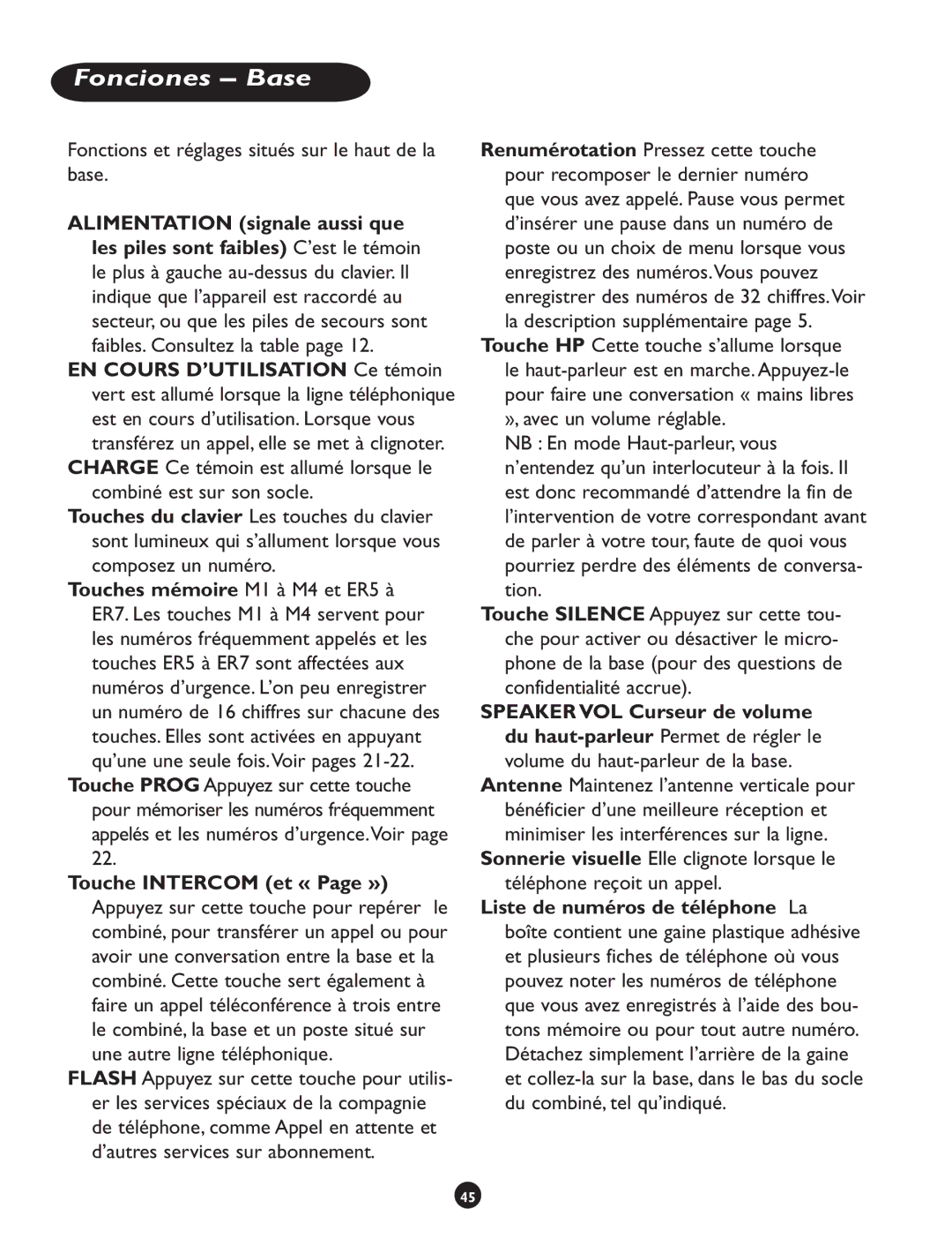 Clarity CLS 45i operating instructions Fonciones Base, Fonctions et réglages situés sur le haut de la base 