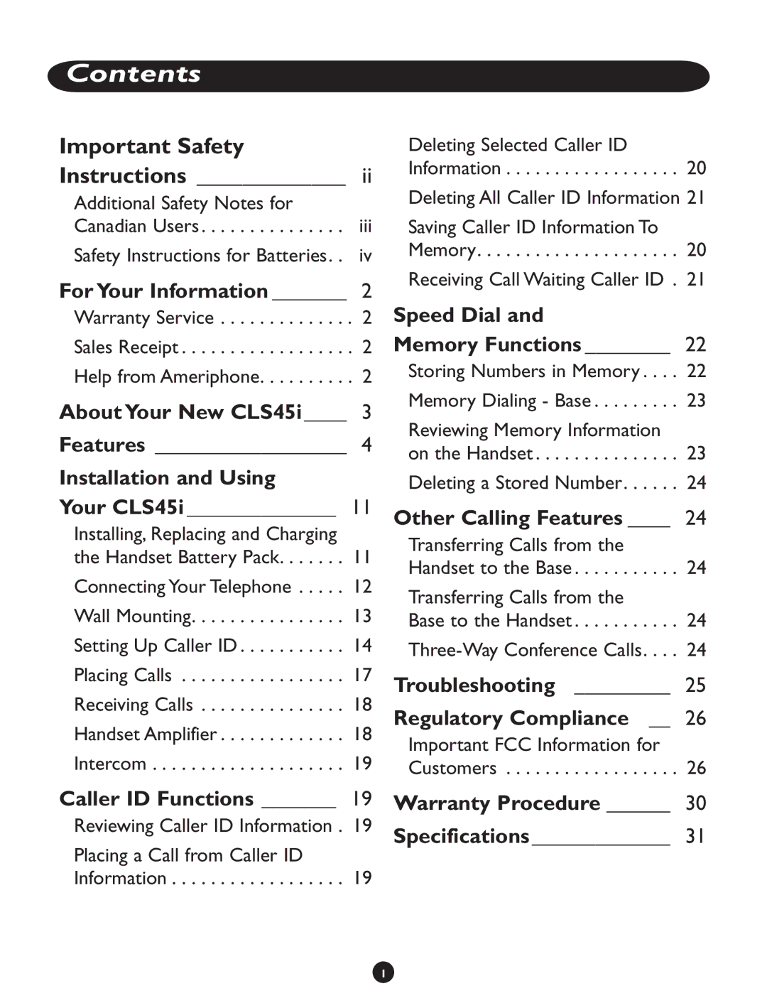 Clarity CLS 45i operating instructions Contents 