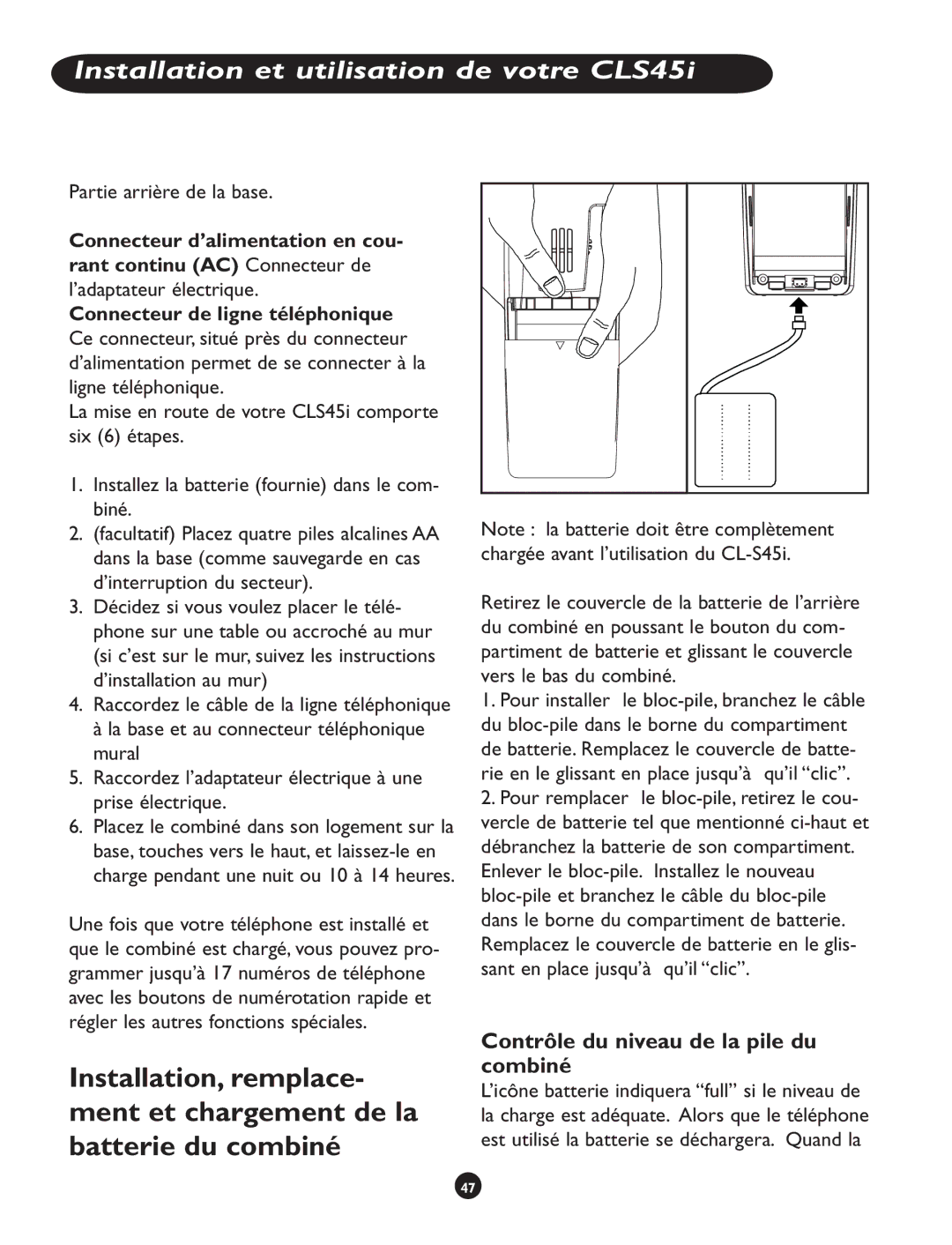 Clarity CLS 45i operating instructions Contrôle du niveau de la pile du combiné, Partie arrière de la base 