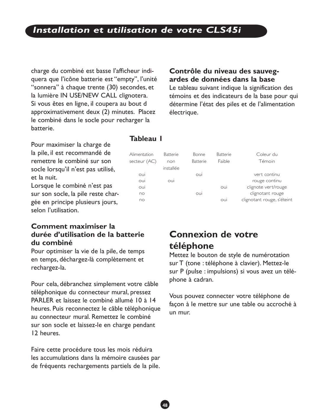 Clarity CLS 45i operating instructions Connexion de votre téléphone, Tableau 