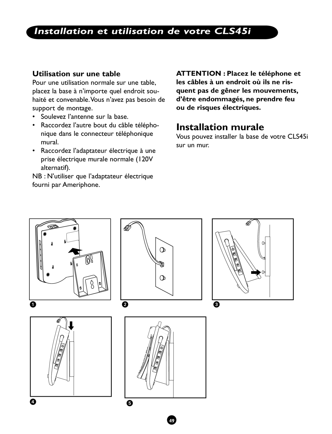 Clarity CLS 45i Installation murale, Utilisation sur une table, Vous pouvez installer la base de votre CLS45i sur un mur 