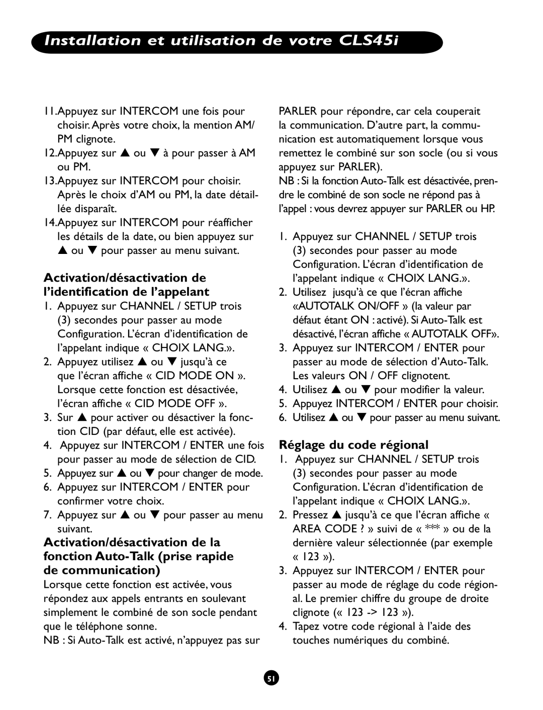 Clarity CLS 45i operating instructions Activation/désactivation de l’identification de l’appelant, Réglage du code régional 