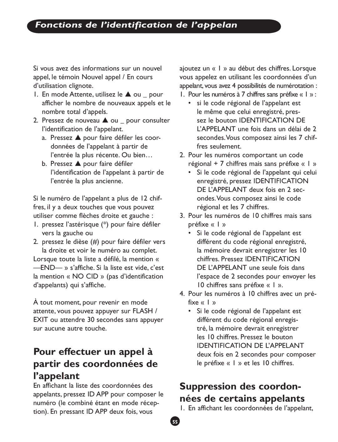 Clarity CLS 45i Suppression des coordon- nées de certains appelants, Fonctions de l’identification de l’appelan 