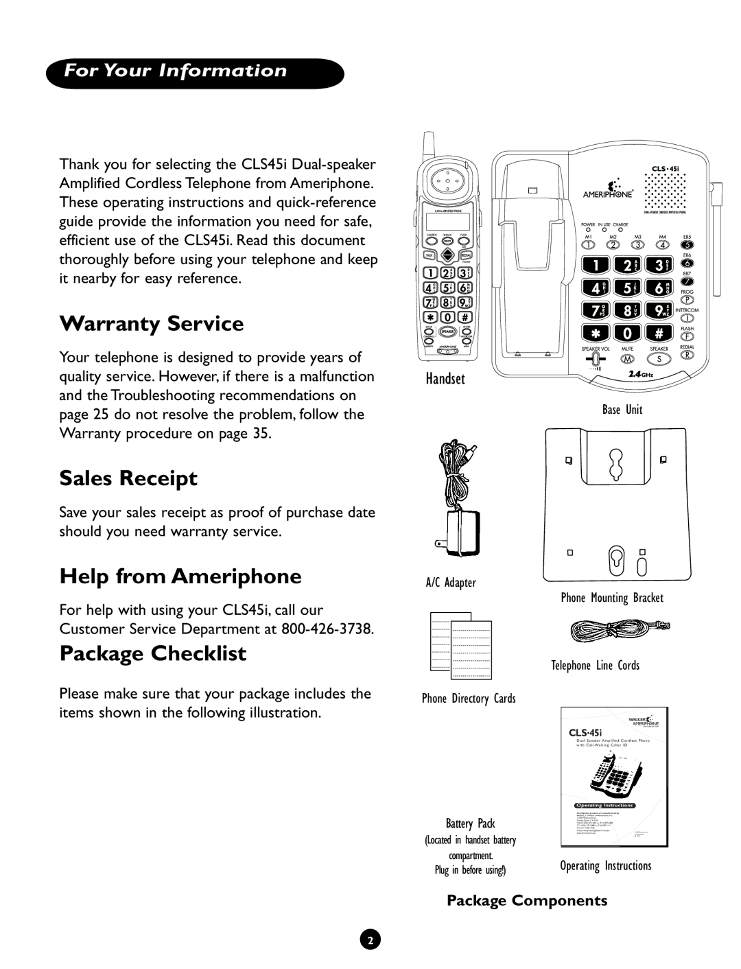 Clarity CLS 45i Warranty Service, Sales Receipt, Help from Ameriphone, Package Checklist, For Your Information 