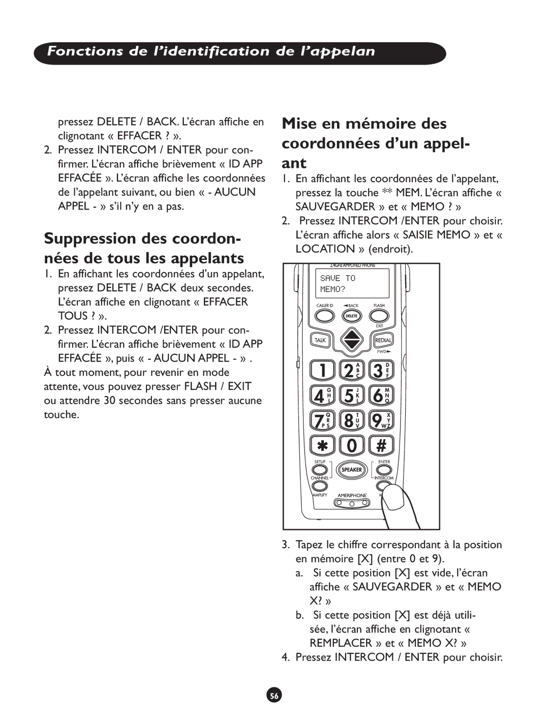 Clarity CLS 45i Mise en mémoire des coordonnées d’un appel- ant, Suppression des coordon- nées de tous les appelants 