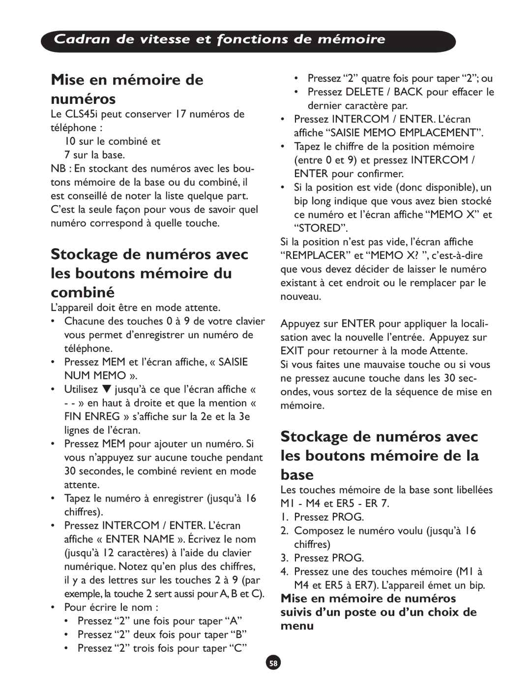 Clarity CLS 45i operating instructions Mise en mémoire de numéros, Stockage de numéros avec les boutons mémoire du combiné 