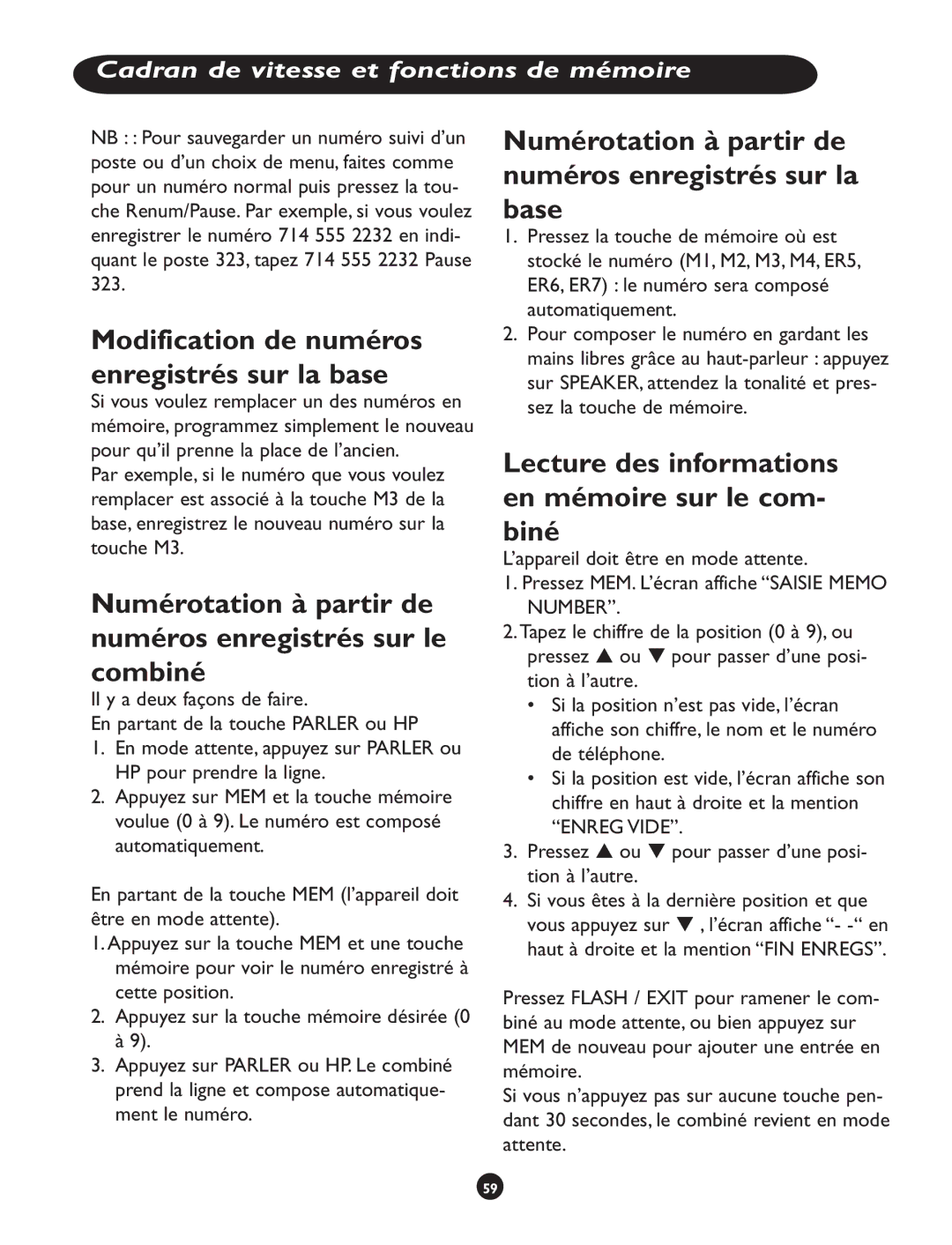 Clarity CLS 45i operating instructions Numérotation à partir de numéros enregistrés sur le combiné 