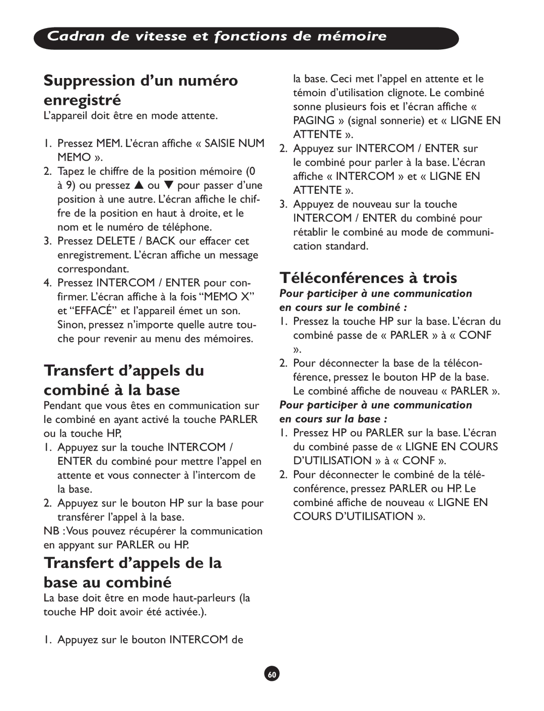 Clarity CLS 45i Suppression d’un numéro enregistré, Téléconférences à trois, Transfert d’appels de la base au combiné 