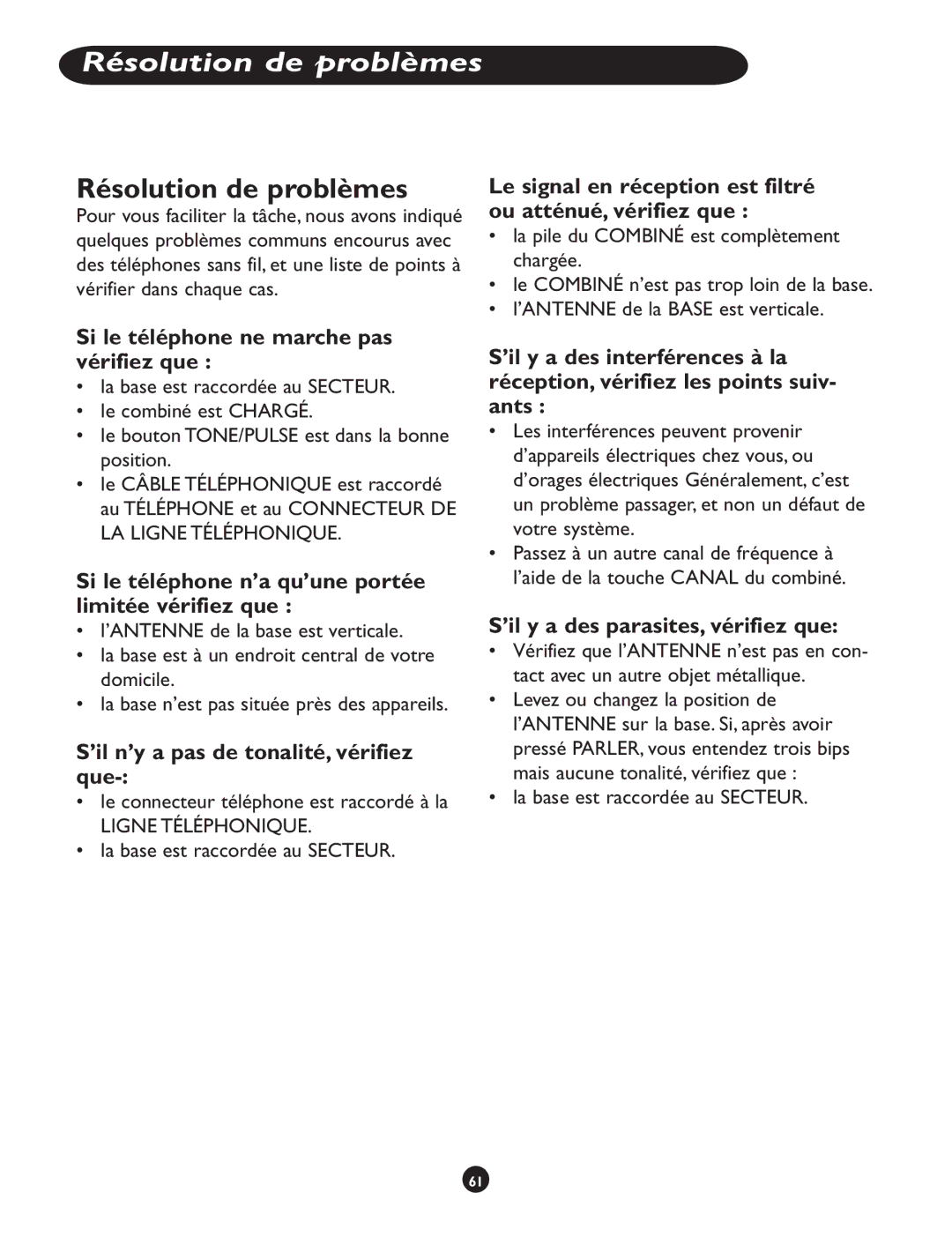 Clarity CLS 45i operating instructions Résolution de problèmes 