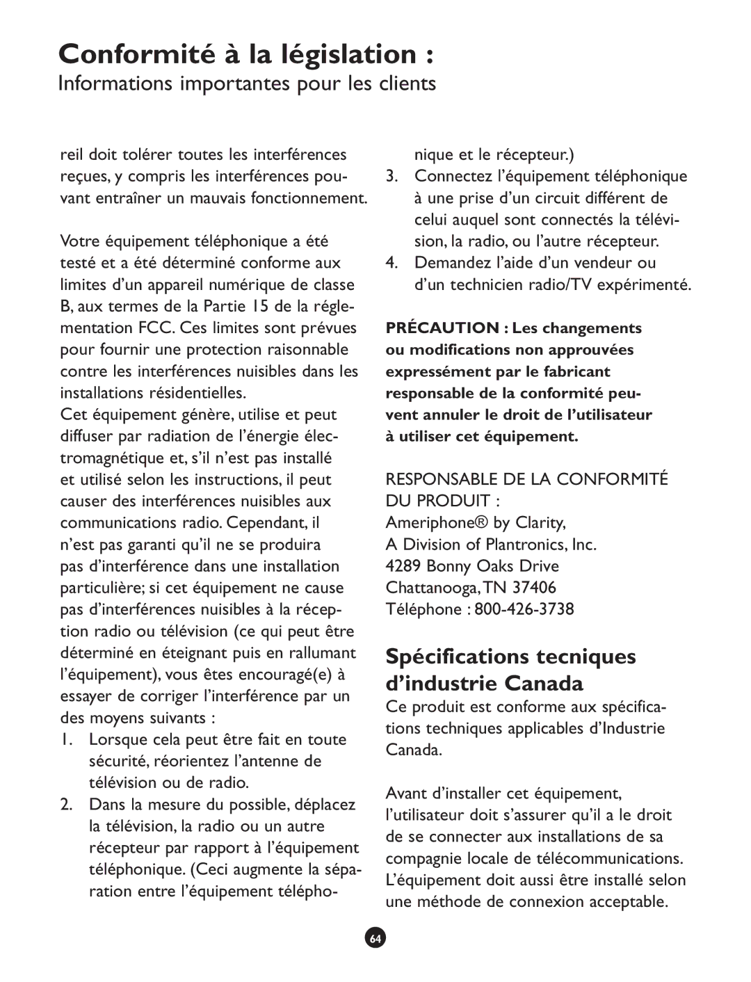 Clarity CLS 45i operating instructions Spécifications tecniques d’industrie Canada, Chattanooga,TN 37406 Téléphone 