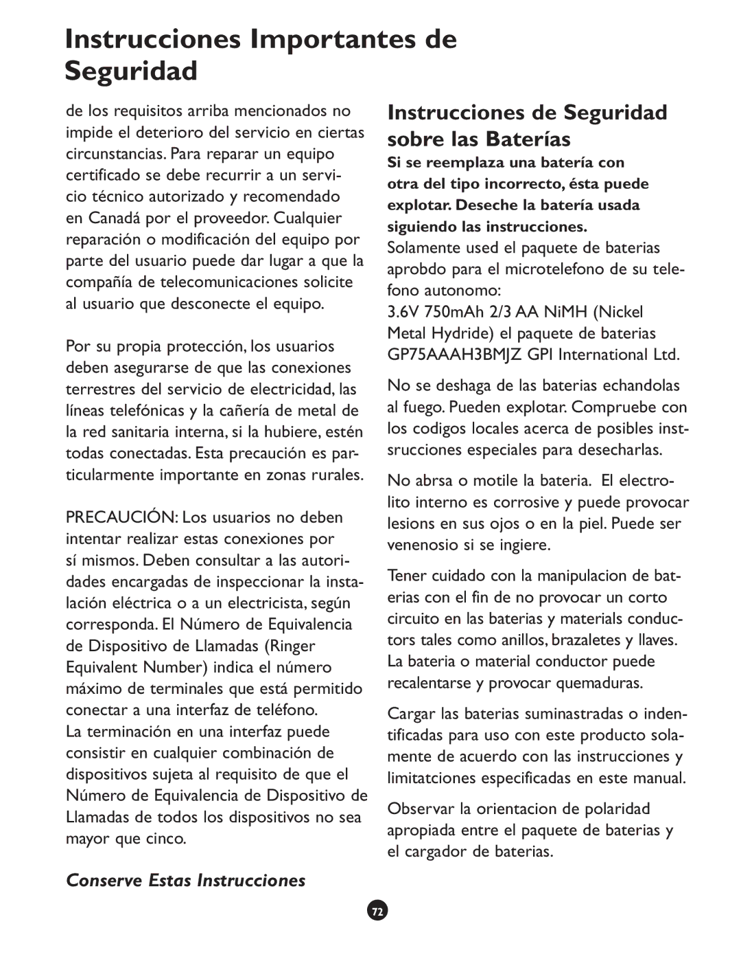 Clarity CLS 45i operating instructions Instrucciones de Seguridad sobre las Baterías 