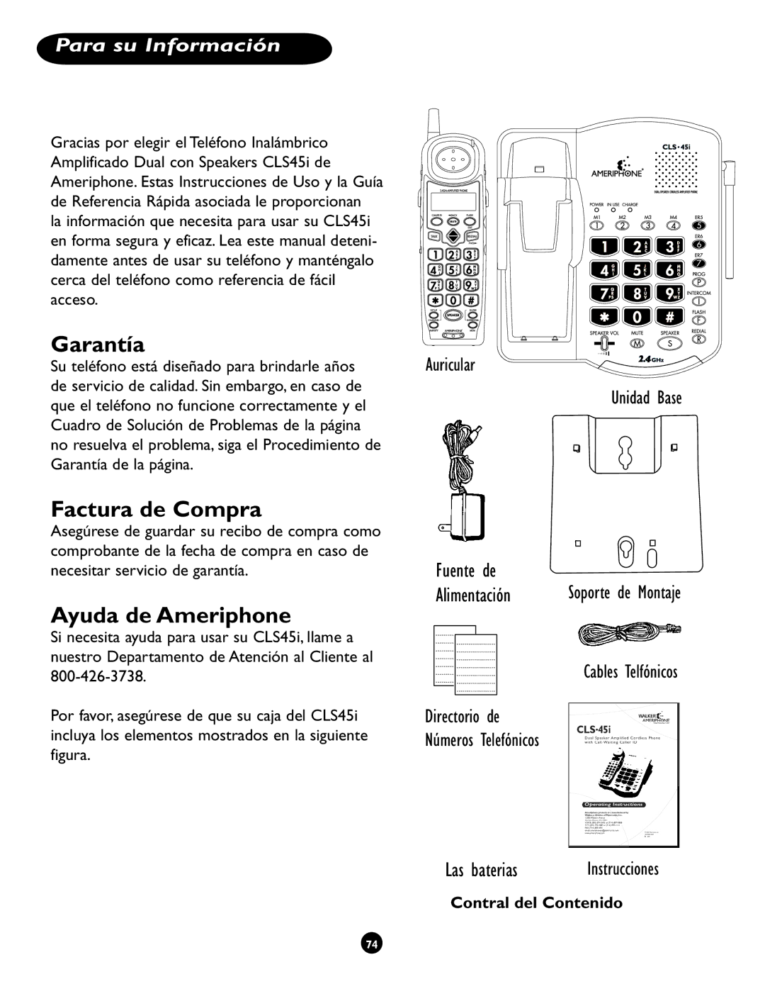 Clarity CLS 45i Garantía, Factura de Compra, Ayuda de Ameriphone, Para su Información, Contral del Contenido 