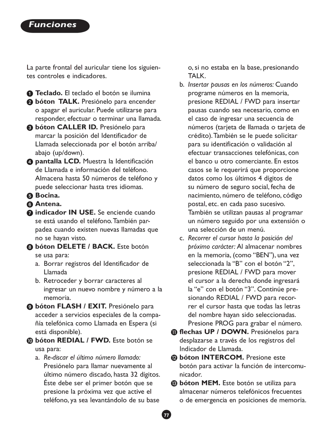 Clarity CLS 45i operating instructions  Bocina.  Antena,  bóton Delete / BACK. Este botón se usa para 