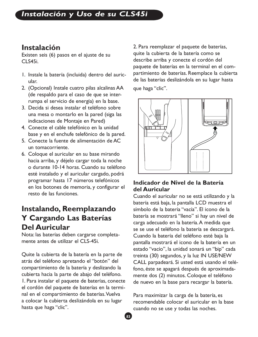 Clarity CLS 45i operating instructions Instalación, Indicador de Nivel de la Batería del Auricular, Que haga clic 