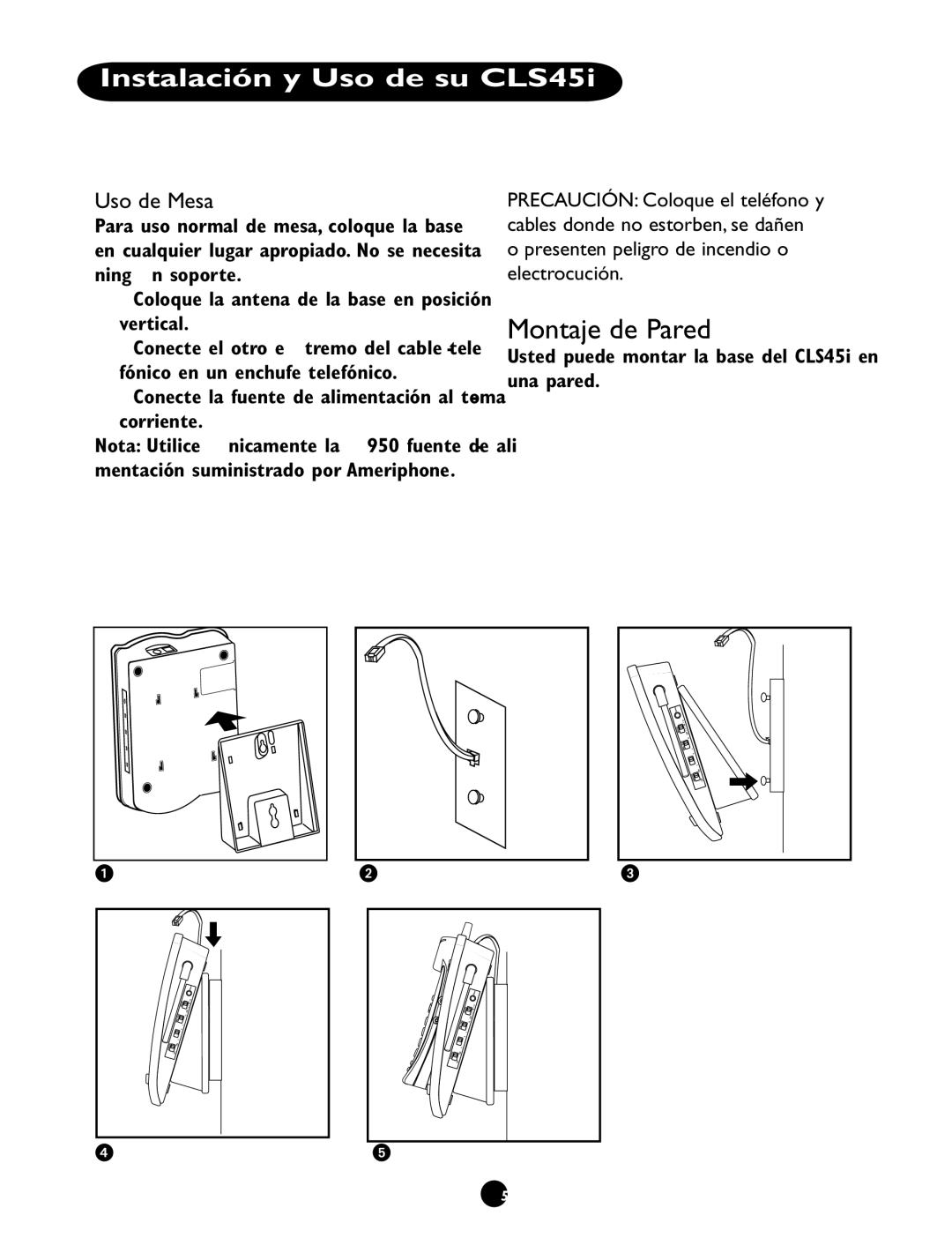 Clarity CLS 45i operating instructions Montaje de Pared, Uso de Mesa, Usted puede montar la base del CLS45i en una pared 