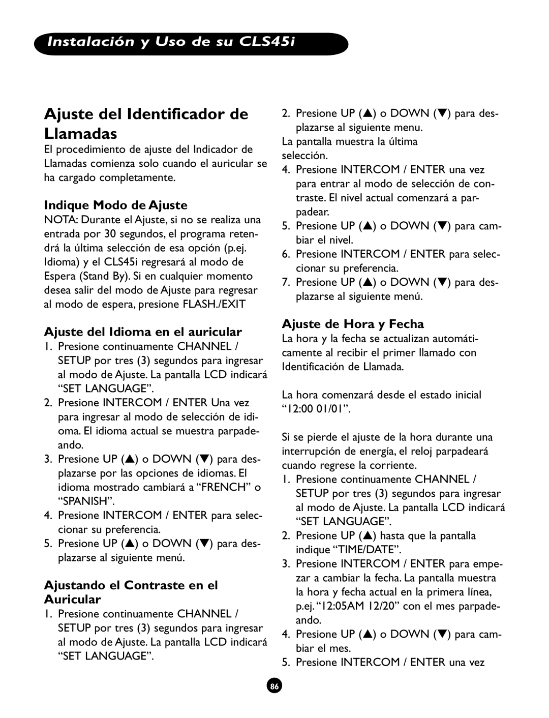 Clarity CLS 45i operating instructions Ajuste del Identificador de Llamadas, Instalación y Uso de su CLS45i 