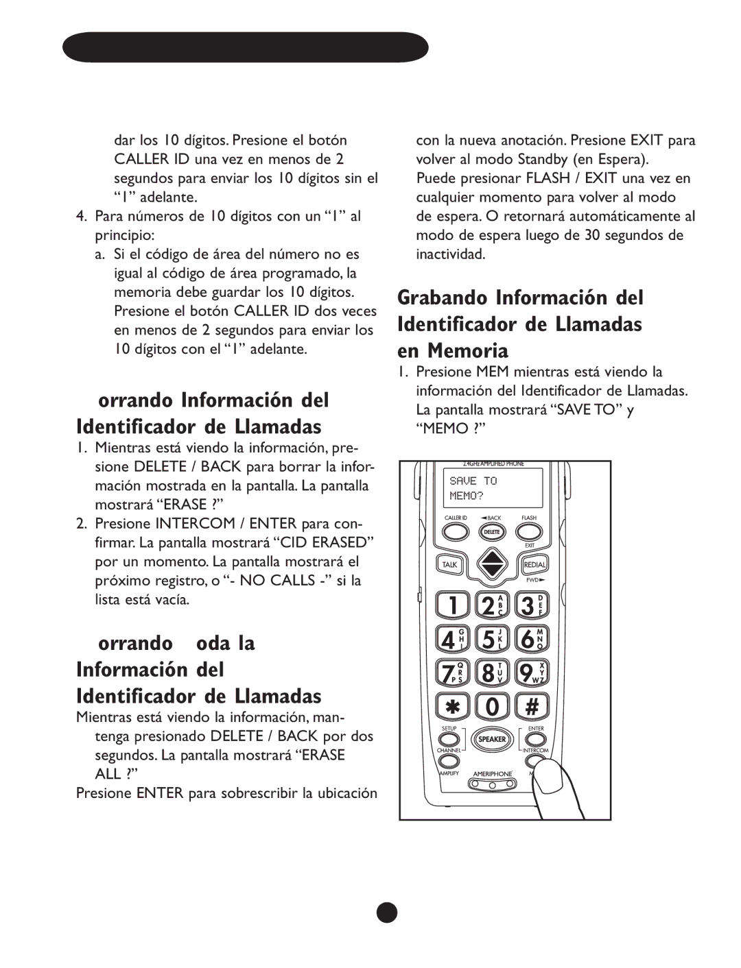 Clarity CLS 45i operating instructions Borrando Información del Identificador de Llamadas 