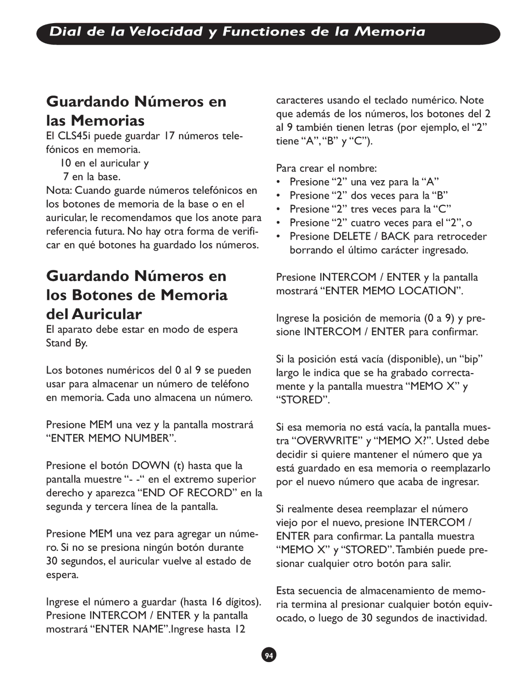 Clarity CLS 45i Guardando Números en las Memorias, Guardando Números en los Botones de Memoria del Auricular 