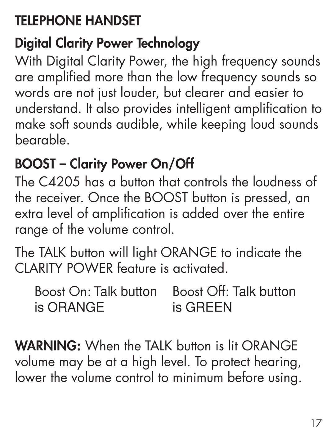 Clarity Cordless Telephone manual Telephone Handset, Boost On Talk button, Is Orange Is Green 