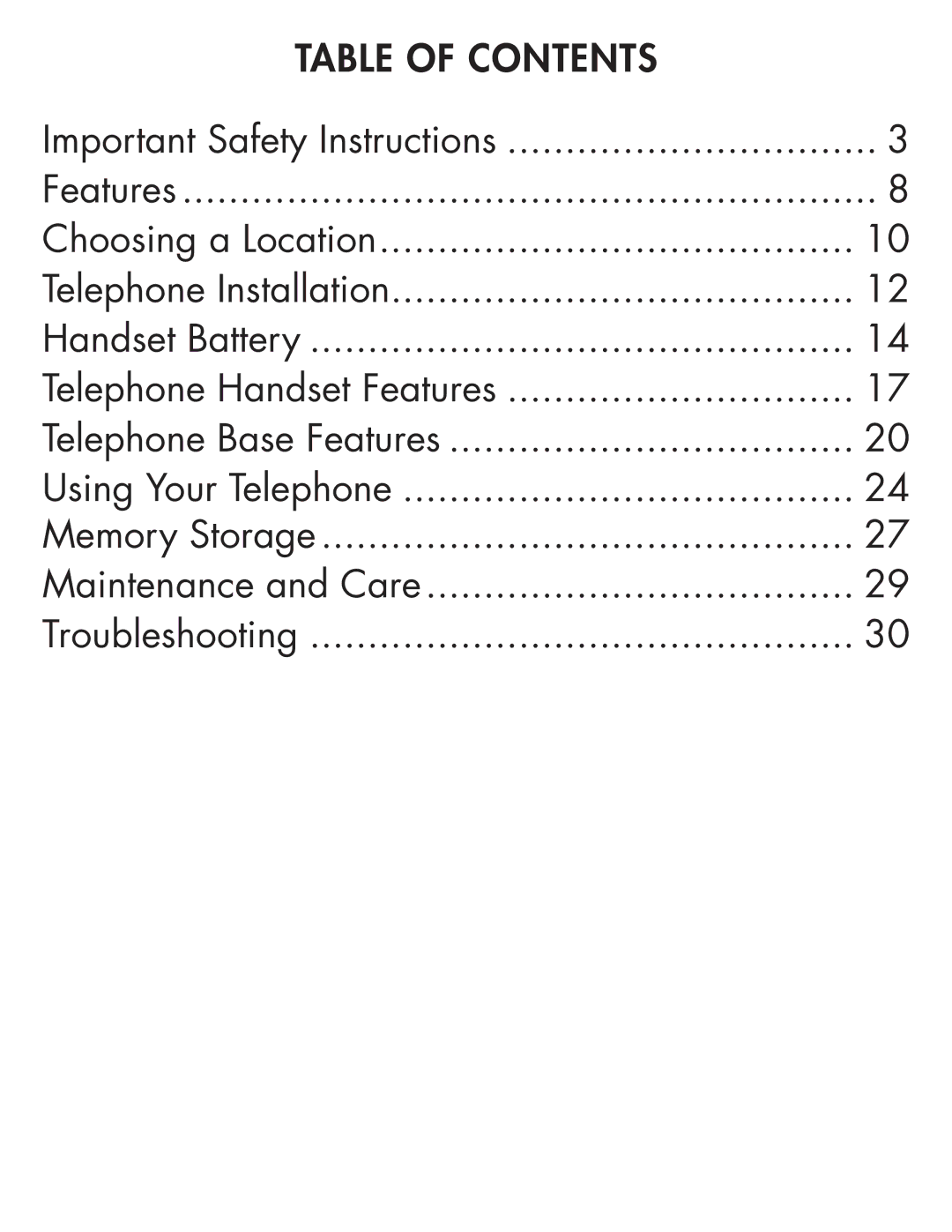 Clarity Cordless Telephone manual Table of Contents 