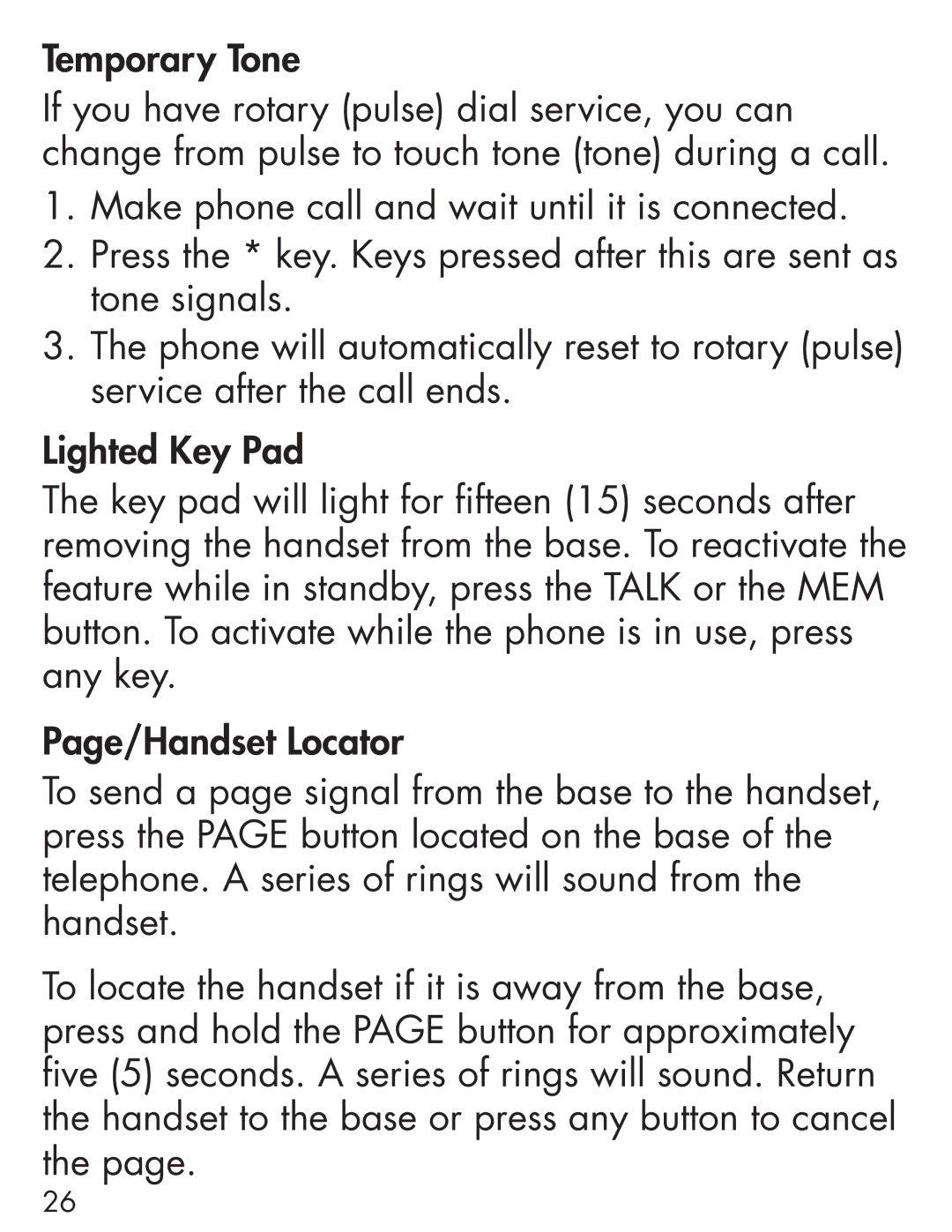 Clarity Cordless Telephone manual Temporary Tone 