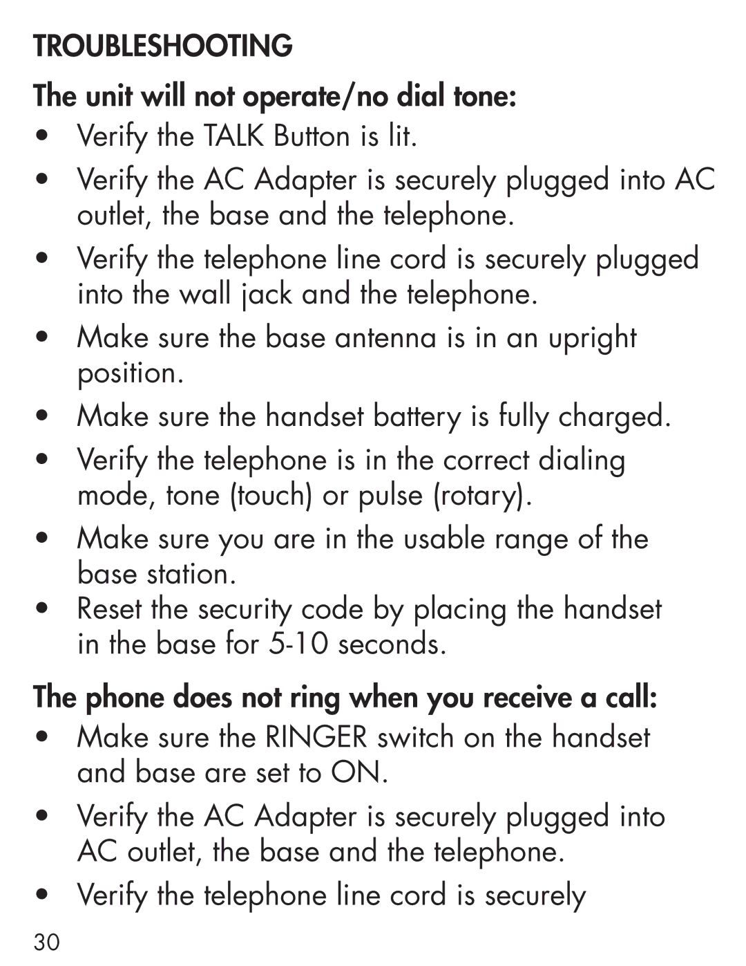 Clarity Cordless Telephone manual Troubleshooting 