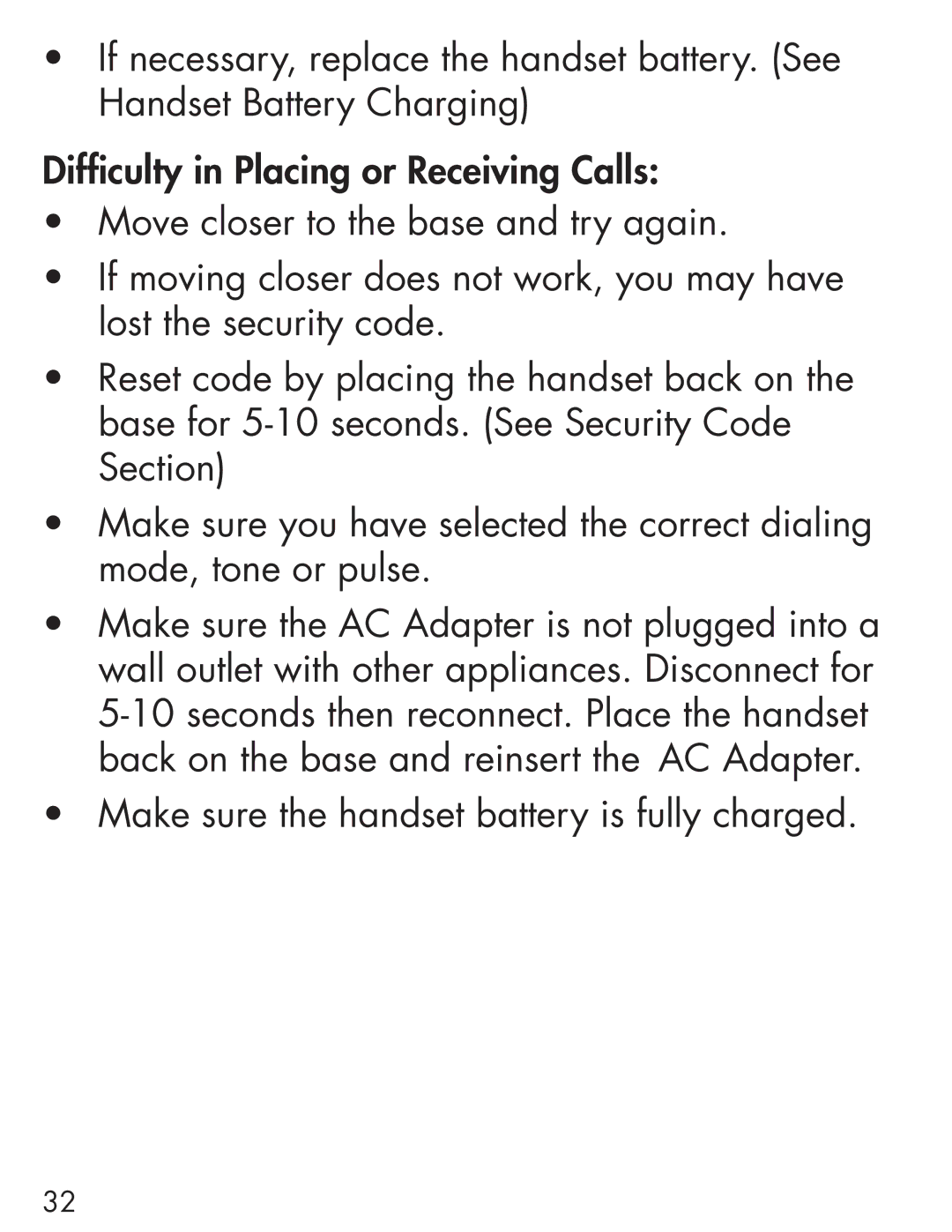 Clarity Cordless Telephone manual Make sure the handset battery is fully charged 