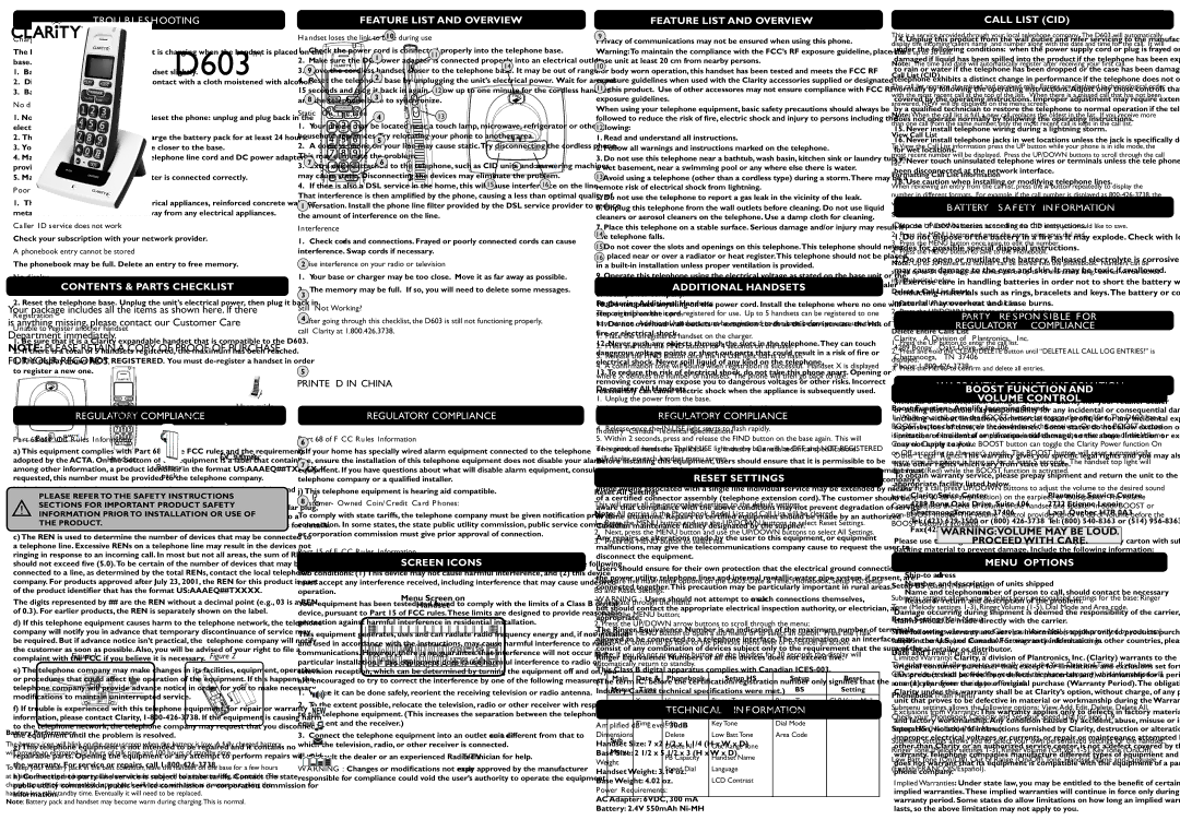 Clarity D603 manual Troubleshooting Important SAFEty InSTructionS, Regulatory compliance, WArranty SErVIce InFOrmation 