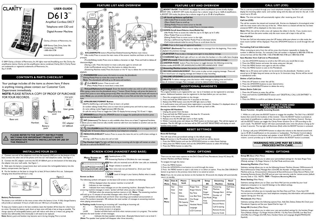 Clarity D613 manual ContentS & partS checKliSt, Feature liSt anD oVerVieW, ADDitional hanDSetS, ReSet SettingS 