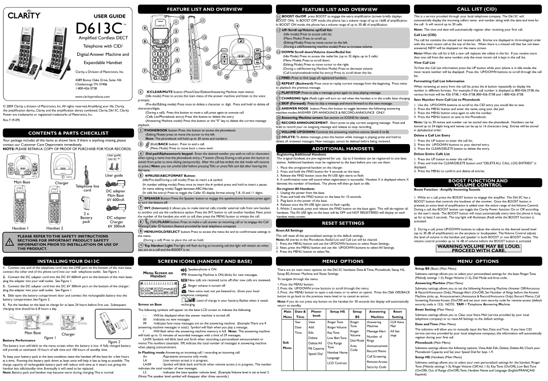 Clarity D613C manual Feature liSt anD oVerVieW Call liSt ciD, ContentS & partS checKliSt, InStalling your D613c 