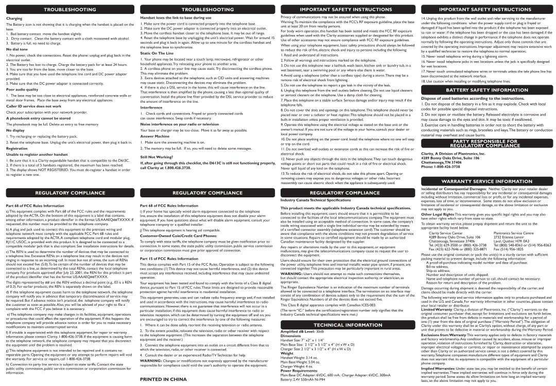 Clarity D613C manual Troubleshooting, Important SAFEty InSTructionS, WArranty SErVIce InFOrmation Regulatory compliance 