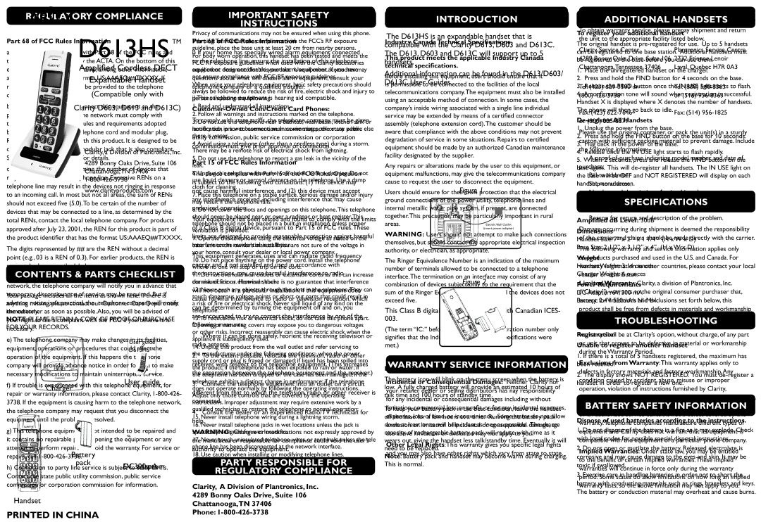 Clarity D613HS Regulatory compliance, Warranty Service Information, Party Responsible for Regulatory Compliance 