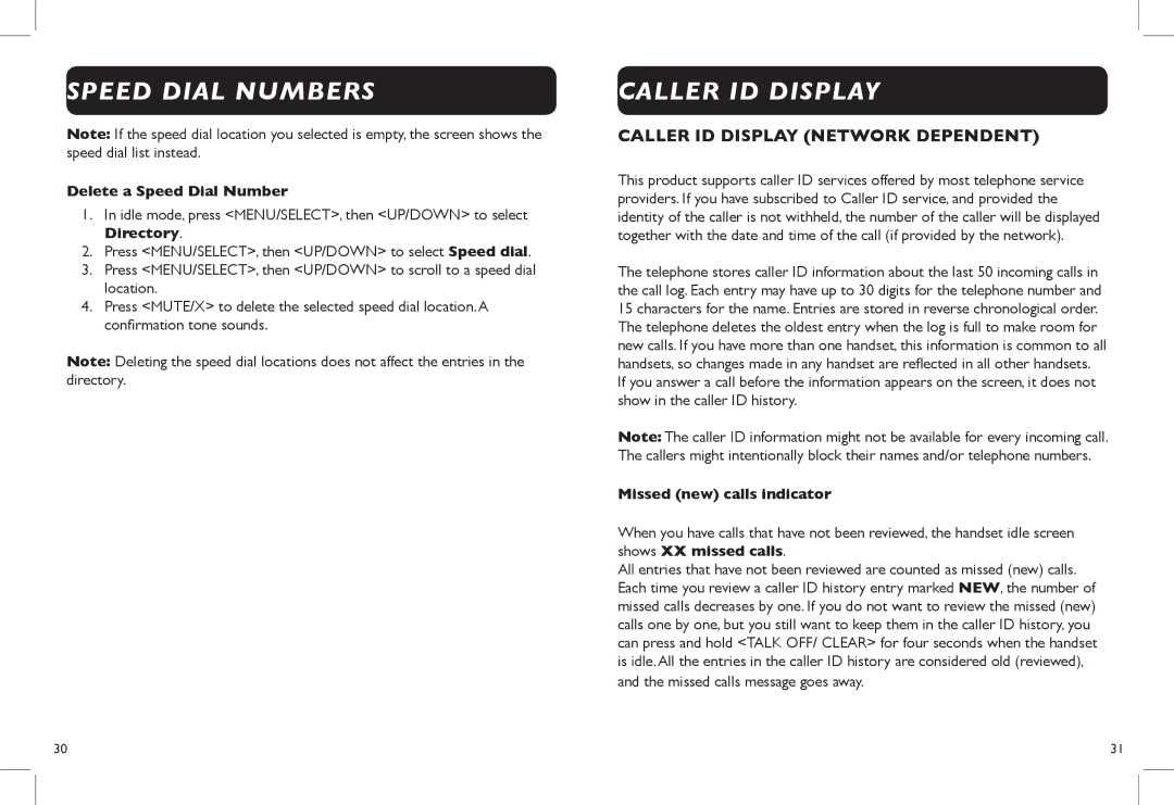 Clarity D703 manual Caller ID Display, Delete a Speed Dial Number, Missed new calls indicator 