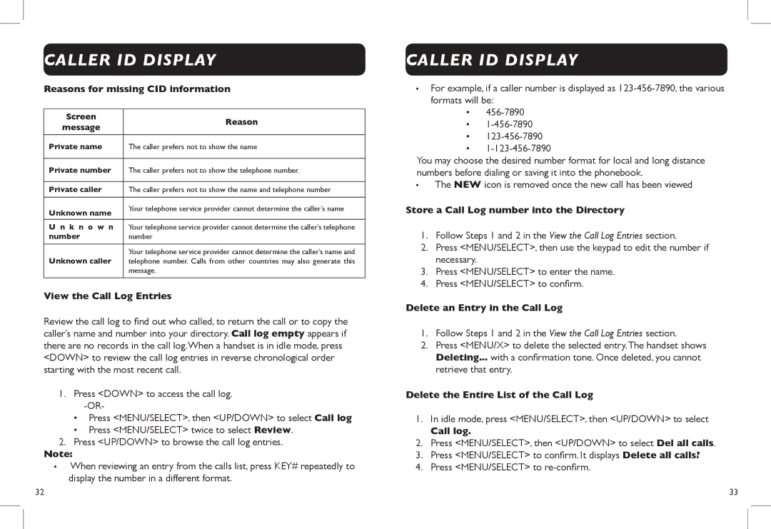 Clarity D703 Reasons for missing CID information, View the Call Log Entries, Store a Call Log number into the Directory 